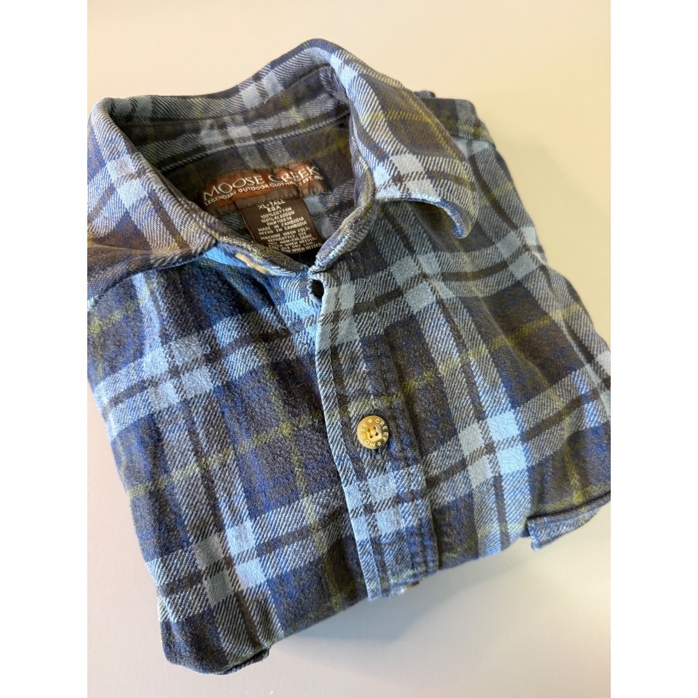 Moose Creek Mens XL Tall Blue Plaid Flannel Button Down Shirt Cotton Outdoor
